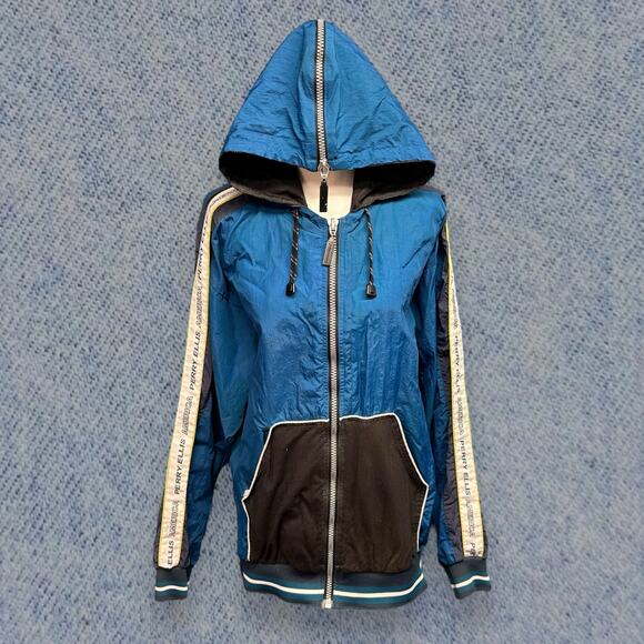 Vintage Perry Ellis America Men’s Blue Hooded Windbreaker Jacket - Size L - Picture 1 of 5